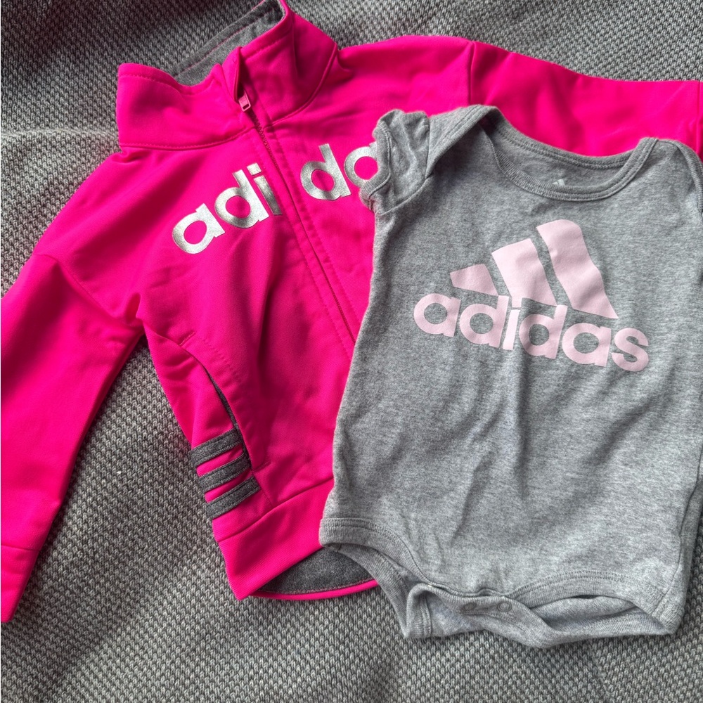 Adidas Fuchsia Jacket and Heather Gray Onesie Set - 6 months